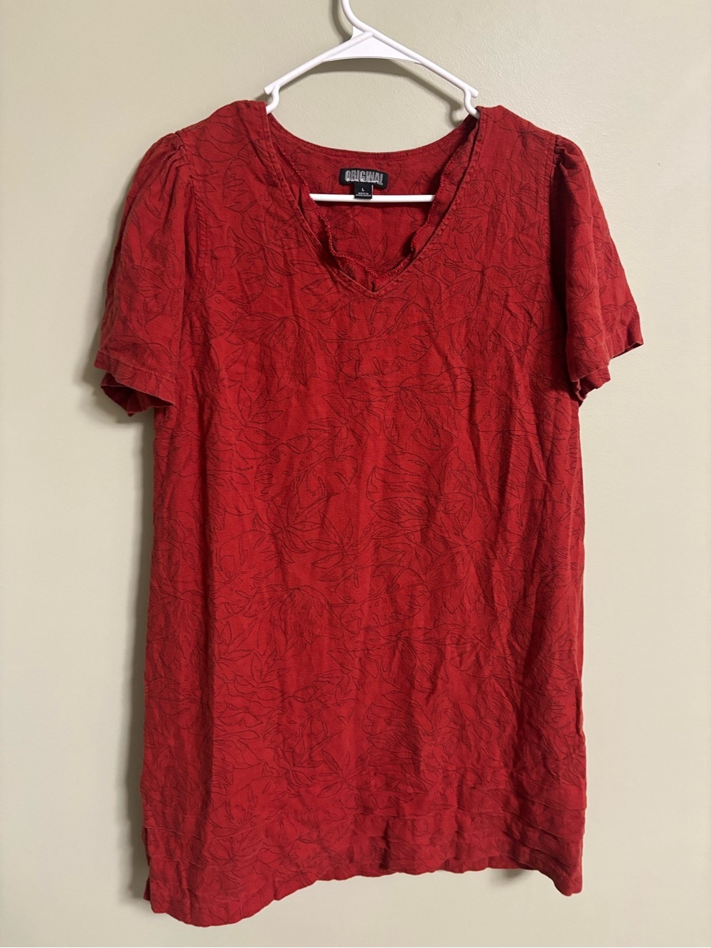 Nicole Miller Linen Blend Leaf All Over Print Red Dress Size Large V Neck Resort